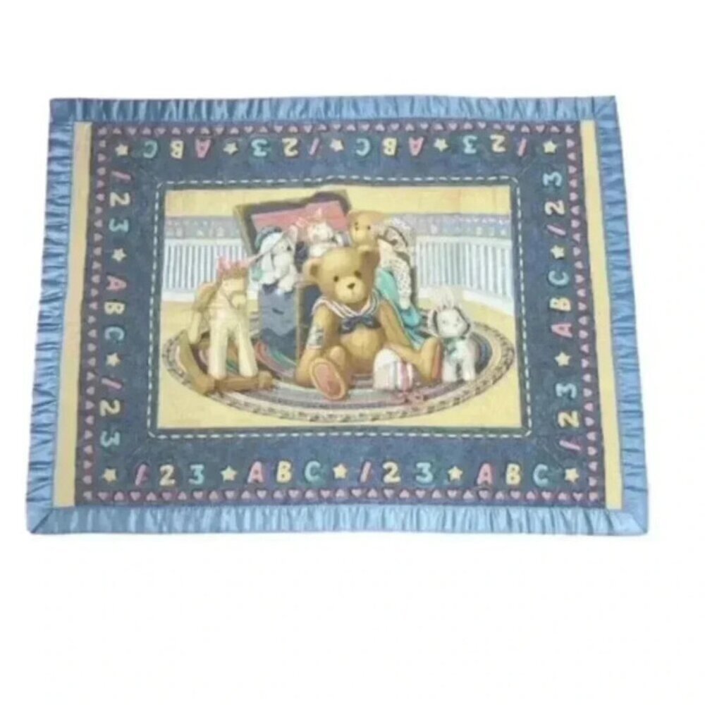 Vtg Teddy Beddy Bear Crib Comforter Baby Blanket  Pink And Blue w/ Ruffle 34x45